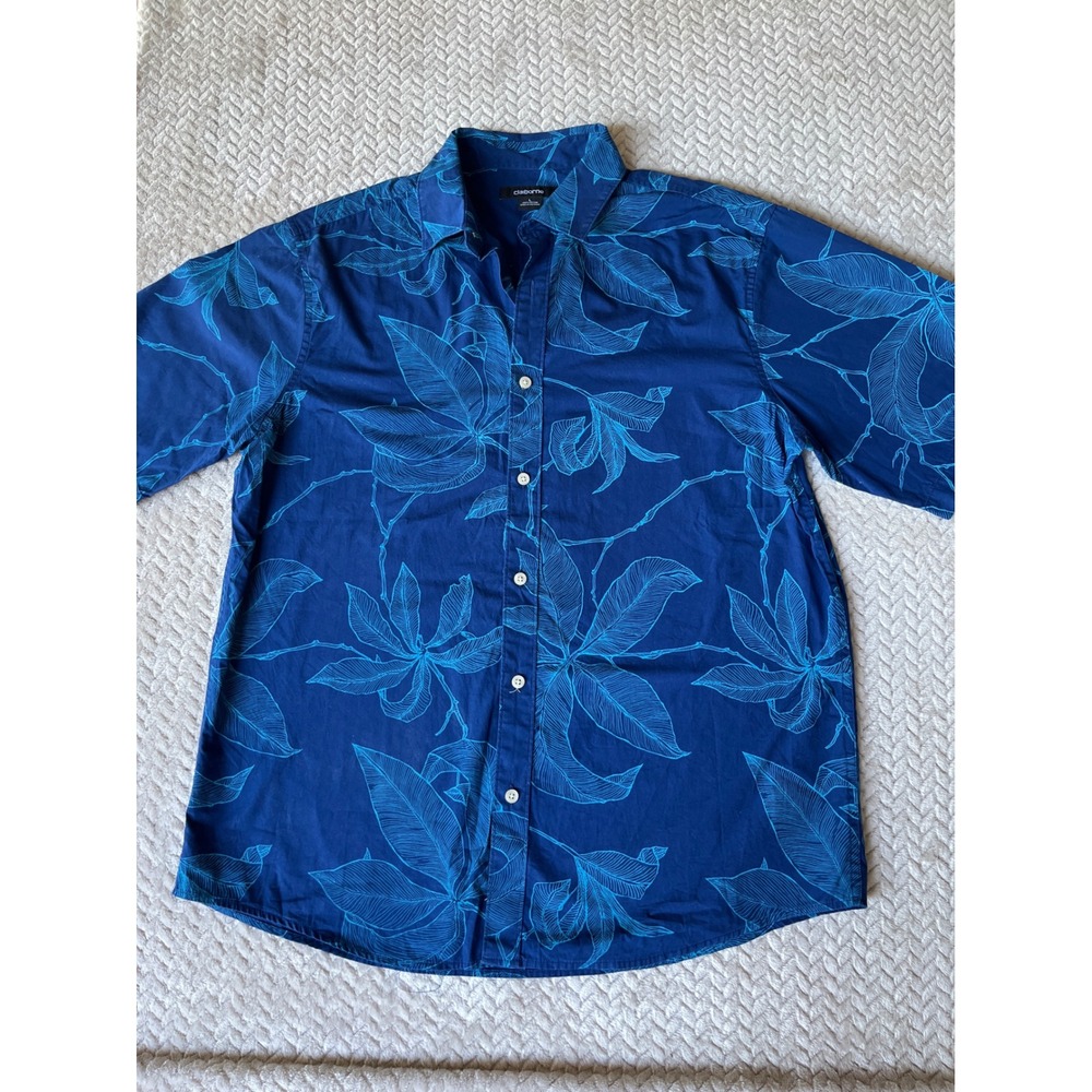 Claiborne Mens Blue Tropical Leaf Print Short Sleeve Cotton Button Down Shirt L